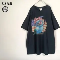US古着　Tシャツ　USA直輸入　アメリカ国旗　90s　梟　黒　ブラック　2XL
