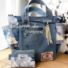 デニムリメイク　トートバッグ　ハンドメイド　ハワイアン
