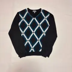 【デザインニット】レトロ感　ダイヤ柄　ＸＬ　グレー　古着