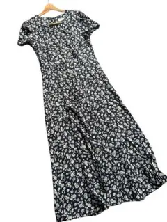 ローラアシュレイ　ロングワンピース 花柄 総柄 紺×白