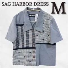 シャツ 【M】 ネイビー 紺 刺繍 異素材 半袖 クロップド メンズライク 甘辛