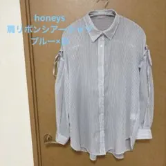 ハニーズ 肩リボンシアー透け感シャツ S ストライプシャツ ブルー×白