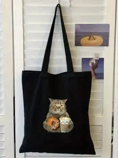 猫柄トートバッグ　ドーナツとカプチーノ　ブラックのサムネイル