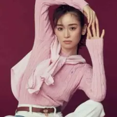 極美品】ポロラルフローレン 桜ピンク Uネックケーブルニット M　ポニー