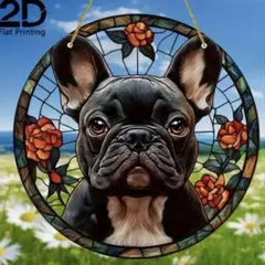フレンチブルドッグ 犬雑貨 サンキャッチャー お花 ステンドグラス風