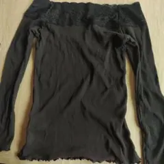 ジーユー　ウルトラコットンリブレースワイドネックTシャツ S ブラック