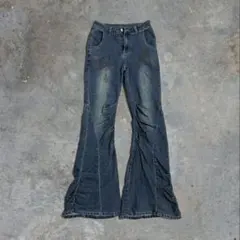 Y2K グランジ ダークブルーフレアパンツ スタッズ装飾