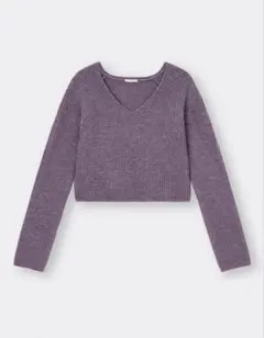 GU リブ編み Vネック クロップドセーター パープル
