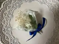 ハンドメイド かすみプリザ　ミニブーケ ブルーリボン