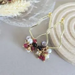 No.26 ゴールド　ピアス　イヤリング　パール　ビーズ　大ぶり　レッドブラック