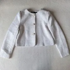 ZARA ザラ ノーカラージャケット 羽織り ツイード調 金ボタン ラメ 白