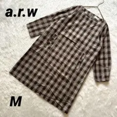 【アロー】 チェック柄 ワンピース M リボン 7分袖 チュニック ポケット付き