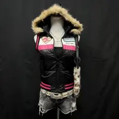 平成ギャル　y2kグランジ　ファー付き　ダウンベスト　ワッペン　平成女児　タイト