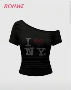 ROMWE ワンショルダー Tシャツ ブラック ラインストーンのサムネイル