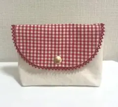 ハンドメイド 蓋付きポーチ マチ付きポーチ ギンガムチェック レッド