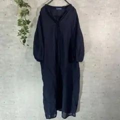 美品 ネイビー シャツ ワンピース ロング丈 アパレル 古着 送料無料