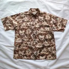 90s ST JOHN'S BAY リネン混アロハシャツ茶ハイビスカス 総柄 M