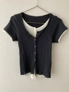 WELINOA 半袖重ね着風シャツ ネイビーホワイト