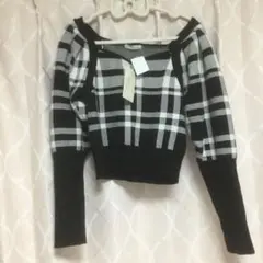 チェック柄ハートネックニット ブラック 黒 長袖