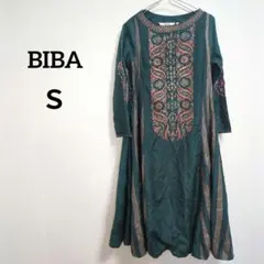 海外古着 美品 BIBA 緑色刺繍入り アジアン ワンピース 34