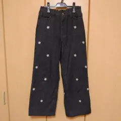 デイジー 花 刺繍 ブラックデニムパンツ L
