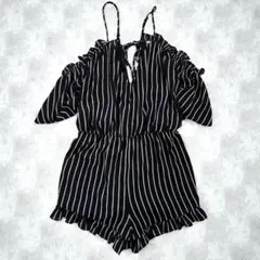 ストライプ オフショルダー サロペット オールインワン 黒