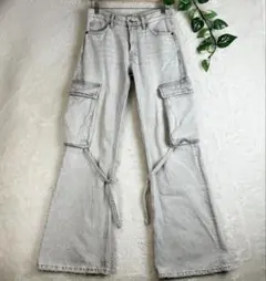 ZARA ザラ ミッドライズ デニム カーゴパンツ ライトグレー 34