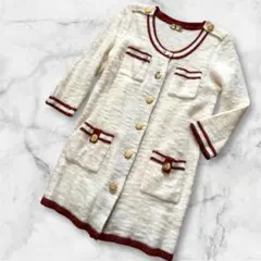 NOBLEバイカラーロングニットカーディガンミニワンピースアイボリーレッド