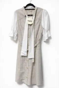 半袖 ボウタイ ミニワンピース ベージュ