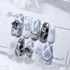 Ｎｏ．現品 ネイルチップハンドメイド 水色白チェック埋めつくし韓国蝶々リボン大人