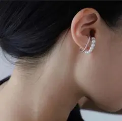Ear cuff, silver, simple, Korean style, elegant, pearl, layered, luxurious.
