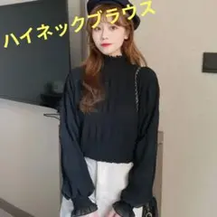 お値下げ！薄手【L 】お値下げ！ハイネックブラウス　黒シャツリブ編み　フォーマル