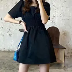 ワンピース 韓国 ハイウエスト 半袖 デート 白 黒 かわいい シンプル 2