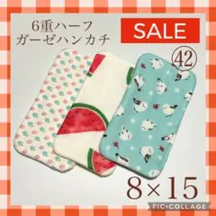 ★sale㊷★6重ハーフガーゼハンカチ　シマエナガ　スイカ　苺　8×15 3枚