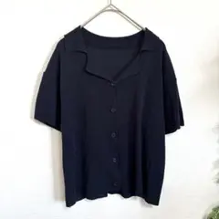 リネンブレンドオープンカラーシャツ　半袖ニット　薄手　ネイビー　無地　シンプル