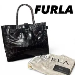 FURLA クロコ型押し トートバッグ ブラック - メルカリ