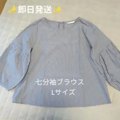 七分袖ブラウス COLZA 青白ストライプ L パフスリーブ