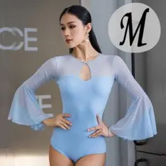 559 社交ダンス トップス ブルー M 透け感スリーブ パッド付 パーティー