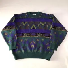 90s DESTINARE UOMO 3D立体編み 総柄ニット セーター L 緑
