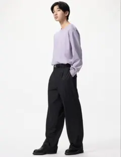 美品　25AW UNIQLO タックワイドパンツ(レディース)Lブラック