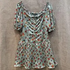 ★森ガール 平成 水色 花柄 チュニック フリル ブラウス