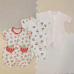 ロンパース いちご、さくらんぼ柄　ピンク色 3点セット