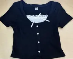 SHEIN 半袖 Tシャツ ブラック レース リボン付きのサムネイル