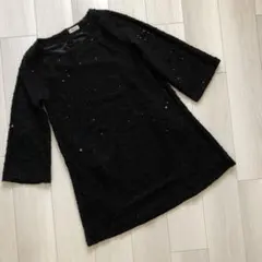 【美品】黒 ビーズ装飾 ツイード 七分丈チュニック ワンピース