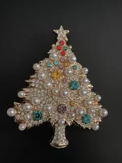 クリスマスセール　パール&ジェムストーン　クリスタルツリーブローチ　素敵　雪