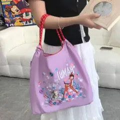 パープル バンビ 刺繍 トートバッグ エコバッグ 手提げ 大容量 通勤通学買い物