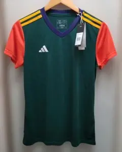 adidas Vネック 半袖Tシャツ グリーン/オレンジ レディースLサイズ