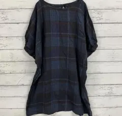 古着【F】半袖 チュニック ネイビー ブラウン ブルー チェック フリーサイズ