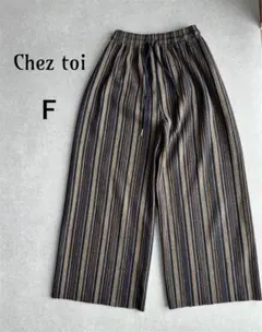 シェトワ ワイドパンツ 起毛柄 プリーツ ストライプ柄 ゆったり ウエストゴム