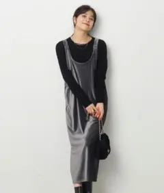 リブベロアジャンパースカート チャコールグレー ノースリーブ ワンピース